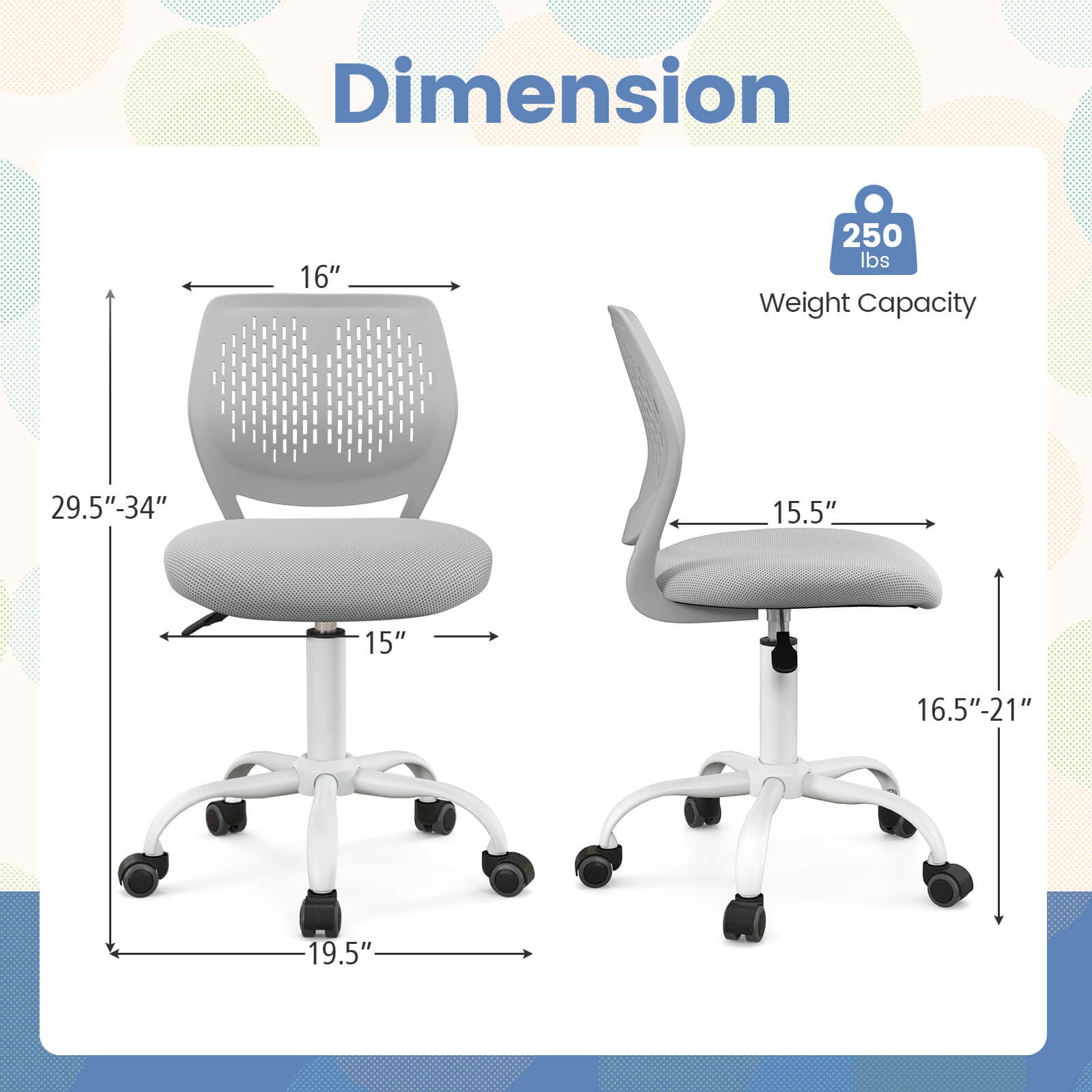 Costway Kids Desk Chair Ergonomic Swivel Children Mesh Study Height Adjustable Gray