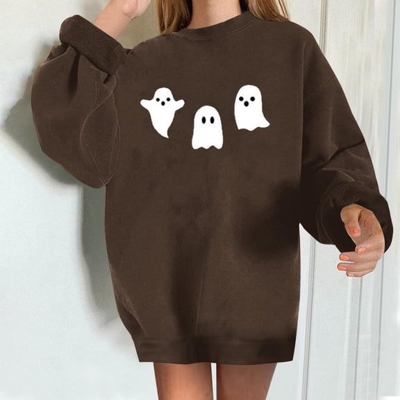 Lolmot Womens Fleece Sweatshirt Halloween Cute Ghost Print Pullover Teen Girl Trendy Loose Casual Long Sleeve Crewneck Going out Tops
