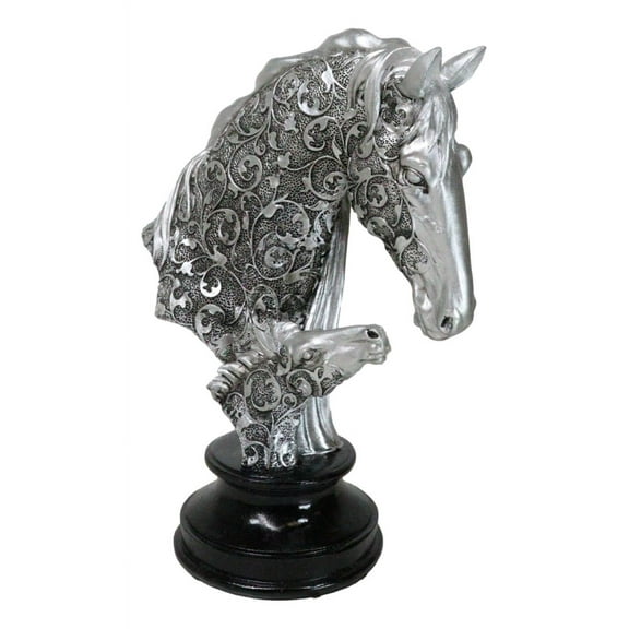 Silver Equine Mother Horse And Foal With Tooled Floral Vines Filigree Figurine