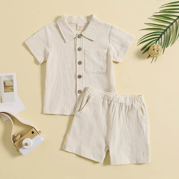 Mifsaly Toddler Girls Boys 2 Piece Outfit Set Solid Short Sleeve Button Down Shirts and Shorts with Pocket Lightweight Holiday Casual Summer Clothes