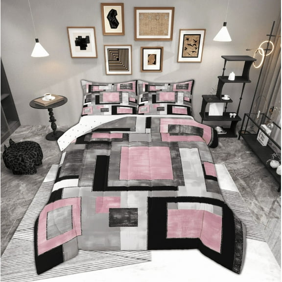 Manfei Pink Square Bedding Comforter Set for Adult, Abstract Ombre Twin Comforter Sets, Modern Fashion Style Reversible Bedding Set, Ultra Soft Home Decor, 2pcs