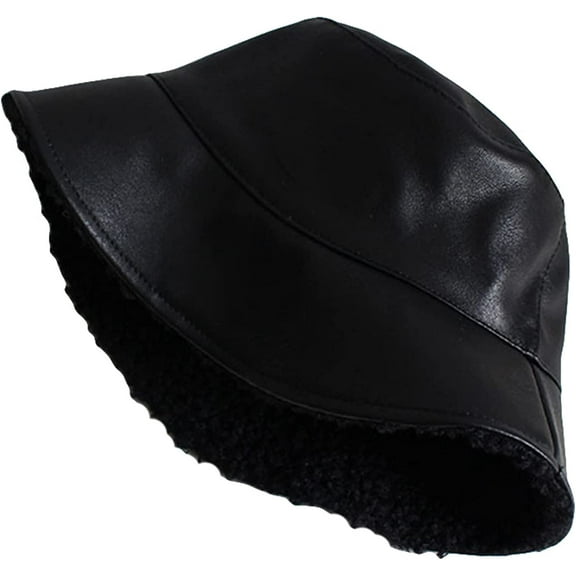 CoCopeaunts Mens Bucket Hat Winter Leather Lambs Wool Two-Sided Bucket Cap Boys Girls Fashionable Warm Fisherman Basin Hat