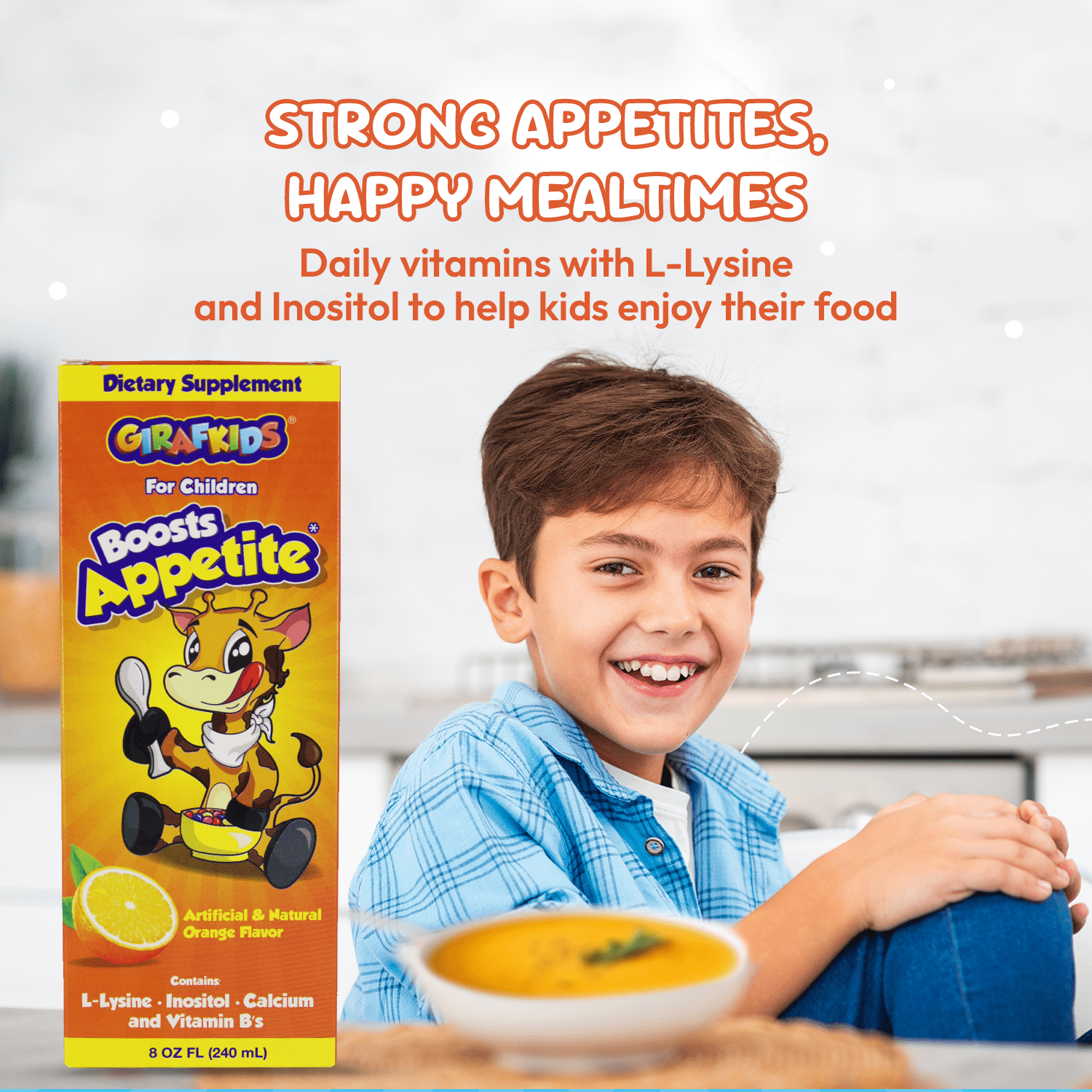 GirafKids Appetite Booster Syrup for Kids with L-Lysine and B Vitamins, Orange Flavor, 8 Fl Oz -  Supports Healthy Appetite and Daily Energy, 24 Servings, Ages 4+