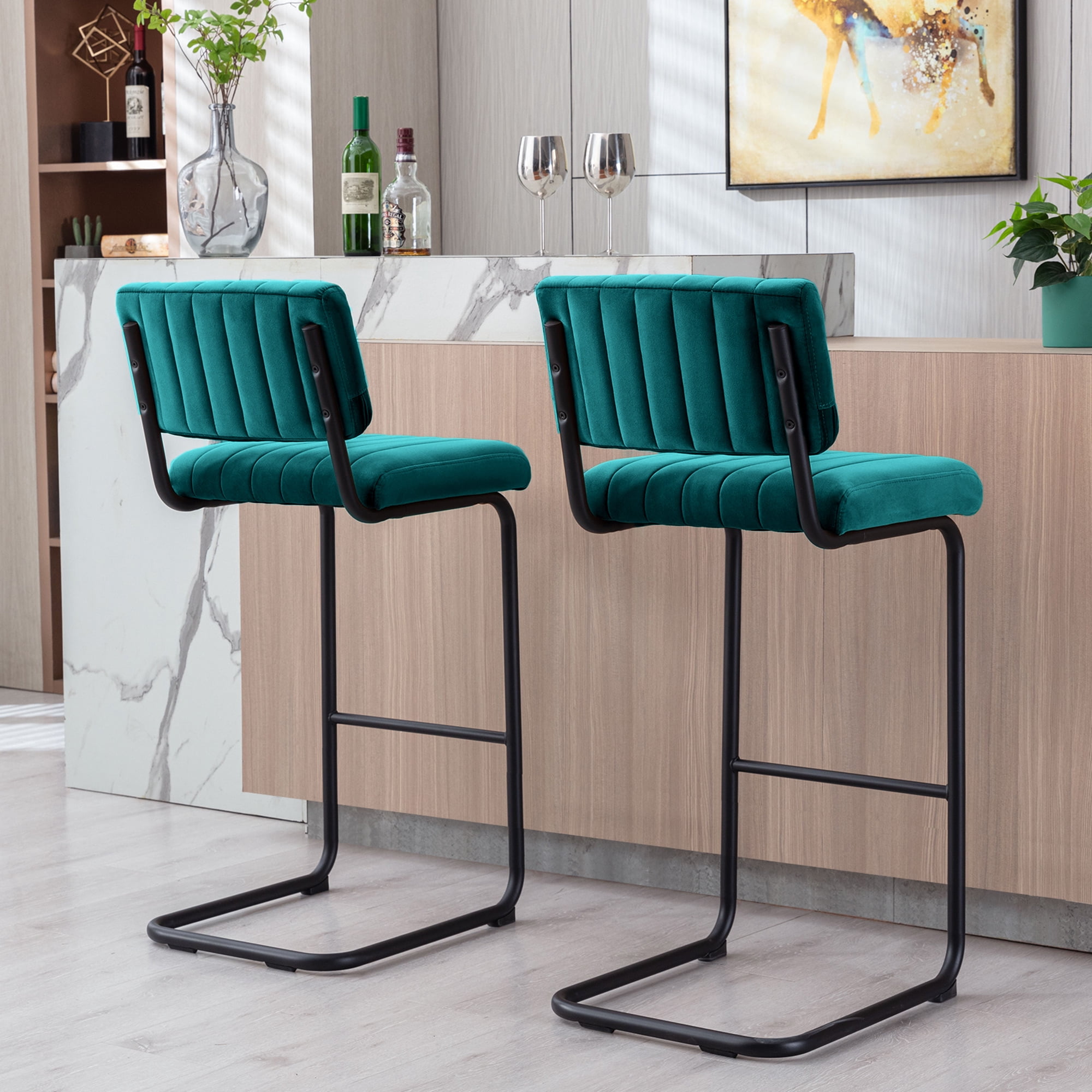 ONEVOG 30''H Bar Height Stools Set of 2, Morden Barstools with Velvet and Black Metal Legs, Upholstered Bar Stool for Kitchen Island, Teal