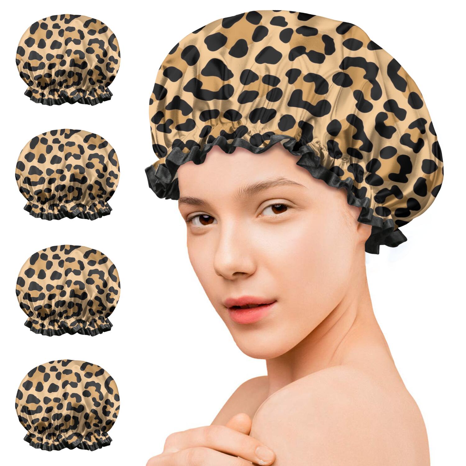 Shower Caps,Beige and Black Of Leopard Print Waterproof Shower Cap for Women 4 Pieces,Double Reusable Hair Cover for Shower PEVA Elastic Stretch Hem