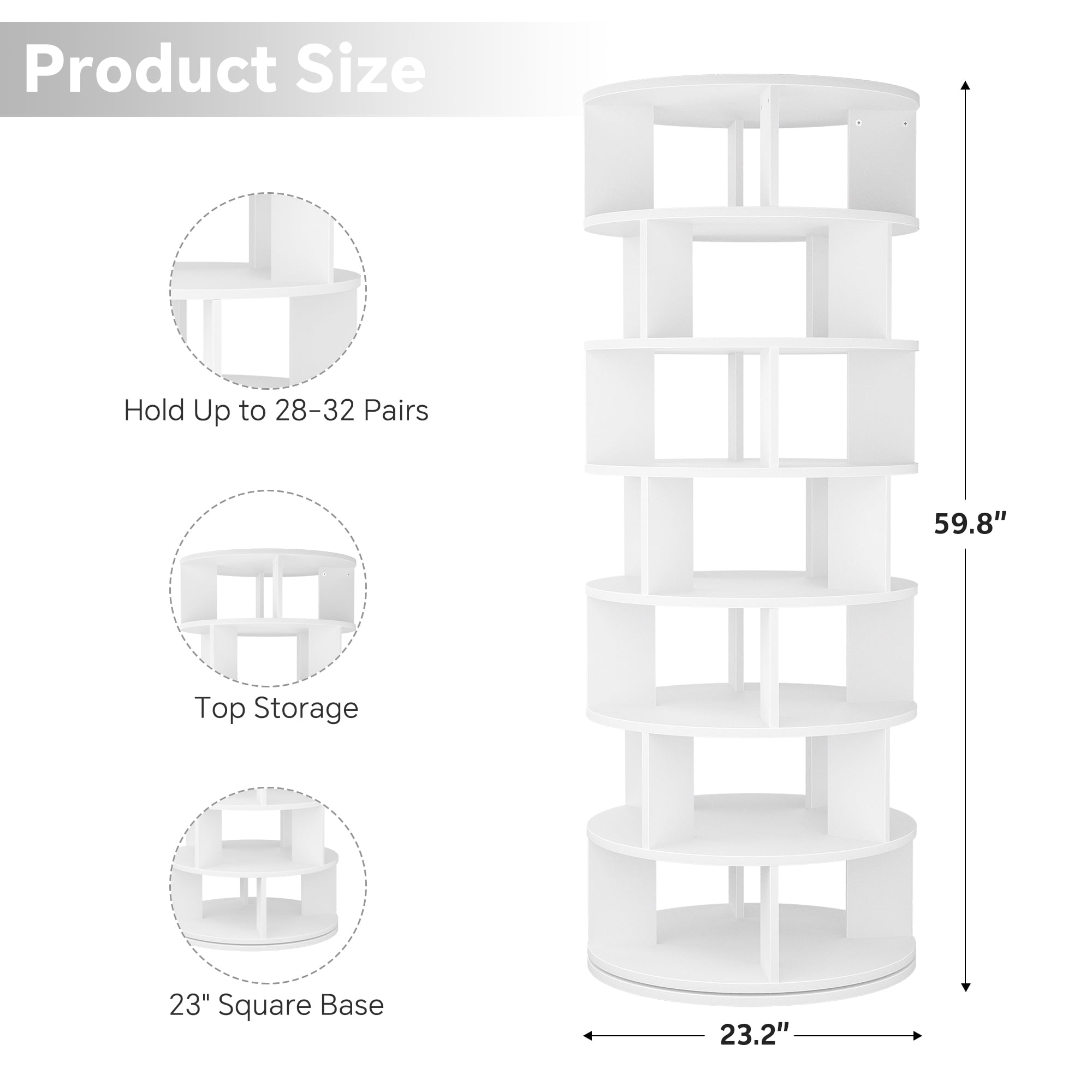 Homieasy 7-Tier Spinning Shoe Rack Tower, 360 Revolving wooden Shoe Rack, 60'' for shoes ,bags, Display Lazy Susan ,Storage Carousel,Free Standing Shoe Organizer for Entryway,White
