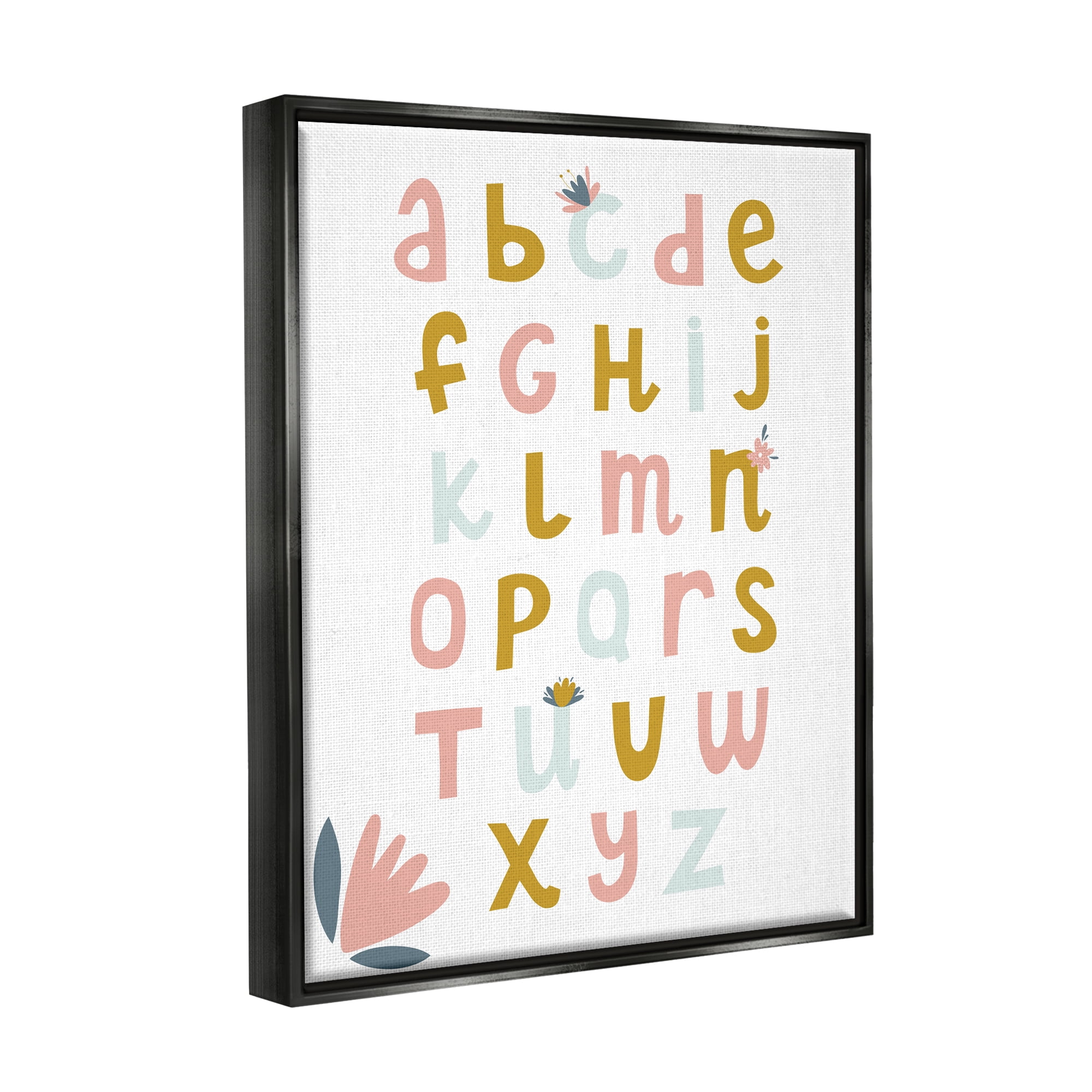 Stupell Industries Muted Tones Floral Alphabet Typography Painting Black Floater Framed Canvas Art Print Wall Art, 25 x 31