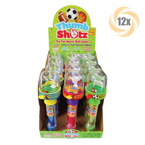 Full Box 12x Kidsmania Thumb Shotz Assorted Lollipops Sports Game Candy .39oz