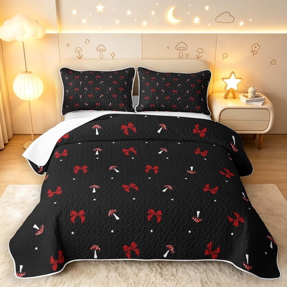 Homewish Cartoon Plant Mushrooms Twin Quilt Set,Cute Bowtie Twin Coverlet Set,Red Black,Black Reversible,2pcs