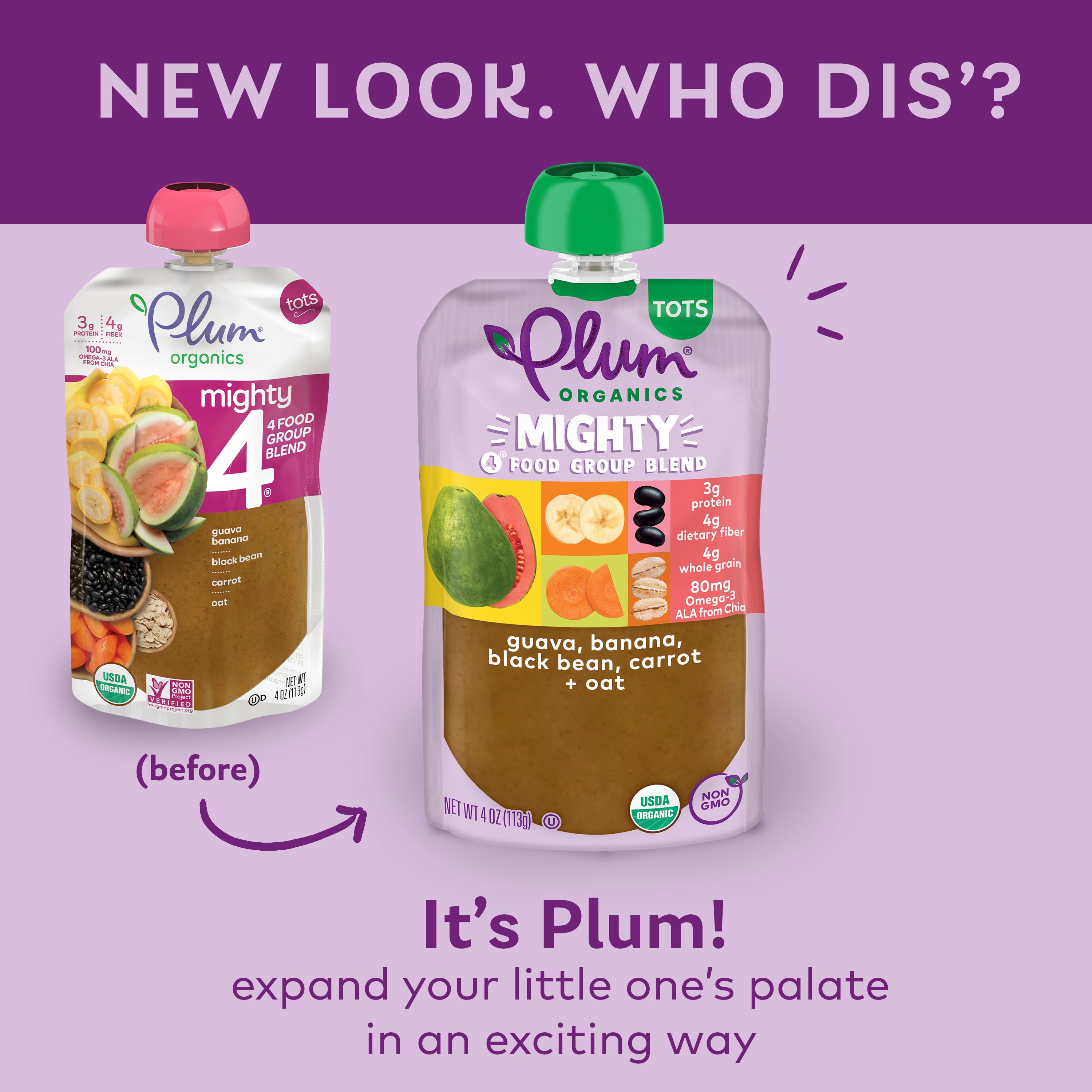 Plum Organics Mighty 4 Organic Toddler Food, Guava, Banana, Black Bean, Carrot and Oat, 4 oz Pouch - Case of 12