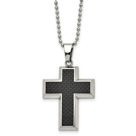 Auriga Fine Jewelry Titanium Polished with Black Carbon Fiber Inlay Cross Necklace for Men 22"