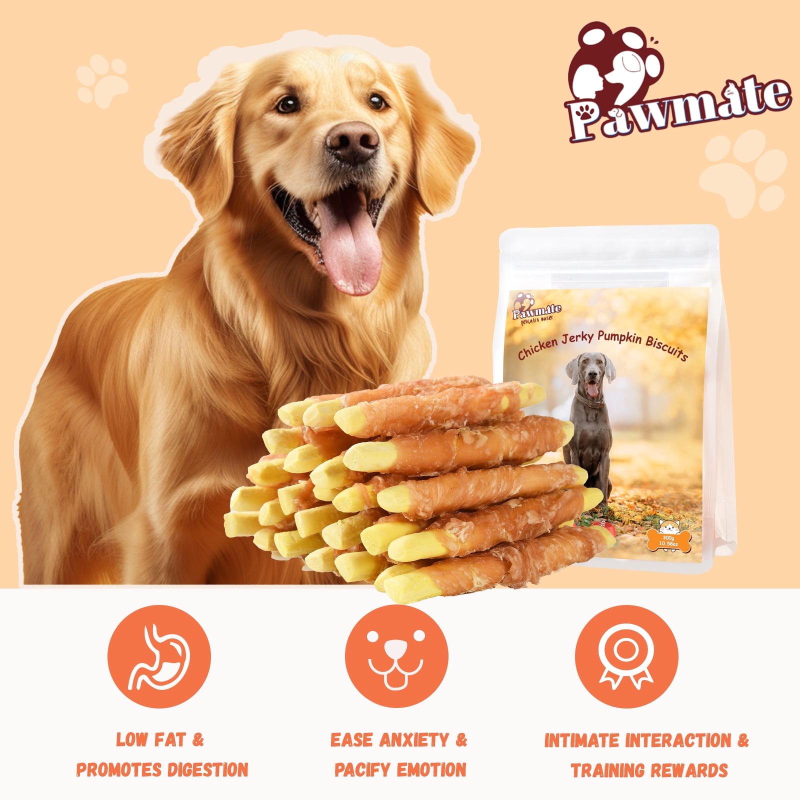 (2 pack) Pawmate Chicken Jerky Wrapped Pumpkin Biscuits Dog Treats, Promote Digestion Soft Chews for All Dogs, 11 oz