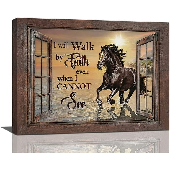 Western Horse Pictures Wall Decor Running Horse Bible Verse Wall Art Country Window Framed Canvas Prints Artwork Home Decoration For Bedroom Living Room Bathroom Office 16"x12"