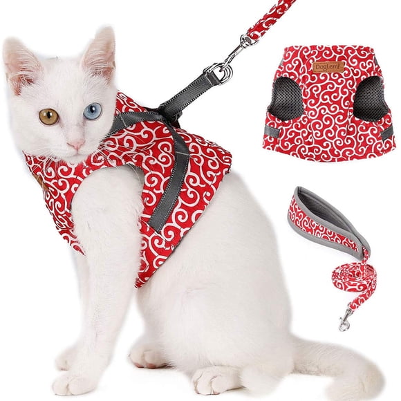 Cat Harness and Leash for Walking, Escape Proof Soft Adjustable Vest Harnesses for Cats, Breathable Pet Safety Jacket with Padded Handle Leash(Red)XS