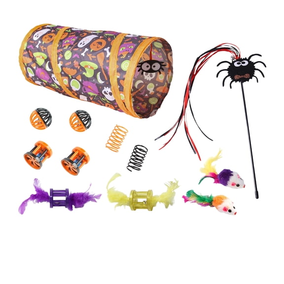 Halloween Cat Toys Set with Collapsible Tunnel and Wand, 10-Piece, Spooky Print and Feather Teasers, for Indoor Cats