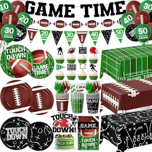 Football Party Decorations Serve 24, 189Pcs Football Party Supplies Includes Plates,Napkins,Cups,Tablecloth,Banner,Balloons,Cupcake Toppers for Game Day Tailgate Football Birthday Party Decorations