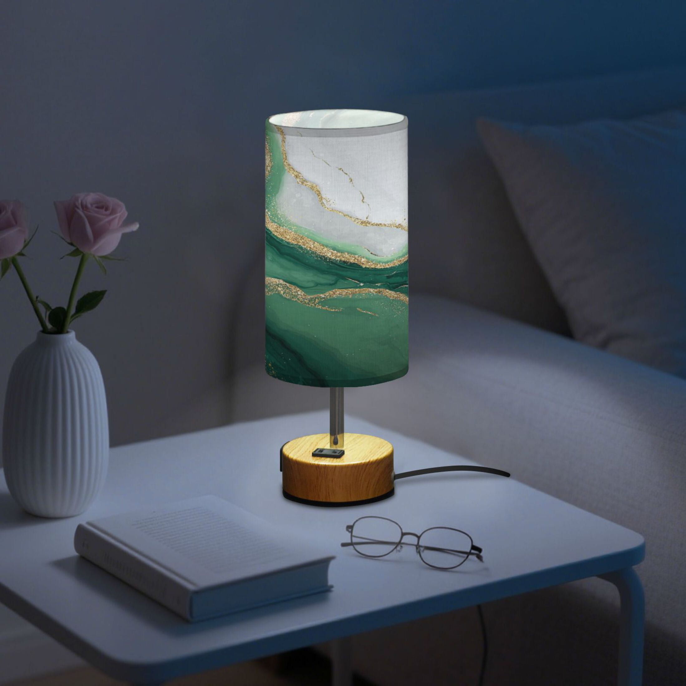 Touch-Control 3-Color Desk Lamp with Plug – Energy-Saving LED + 3 Simultaneous Charging Ports Alluring Gold-green Marble