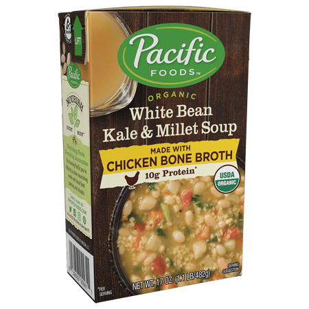 Pacific Foods Organic Bone Broth White Bean Kale & Millet Soup, 10g Protein per Serving, Hearty and Nourishing, 17 fl oz