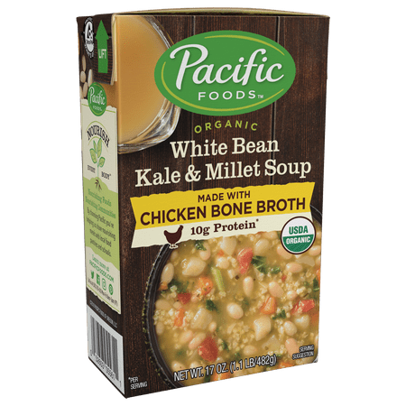 Pacific Foods Organic Bone Broth White Bean Kale & Millet Soup, 10g Protein per Serving, Hearty and Nourishing, 17 fl