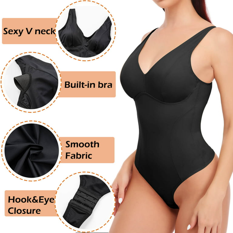 MANIFIQUE Thong Shapewear Bodysuit for Women Tummy Control Body Shaper with  Built in Bra V Neck Jumpsuit Tops