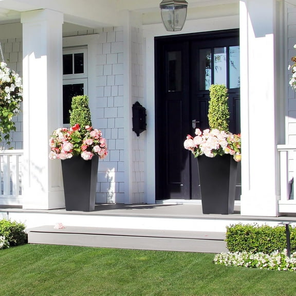 Historyli 2PC 16 Inch Tall Planters,Outdoor&Indoor Planter Pots,High Front Porch Planter Pots with Drainage Holes&Water Level Monitor&Inner Bucket,Automatic Watering,Black