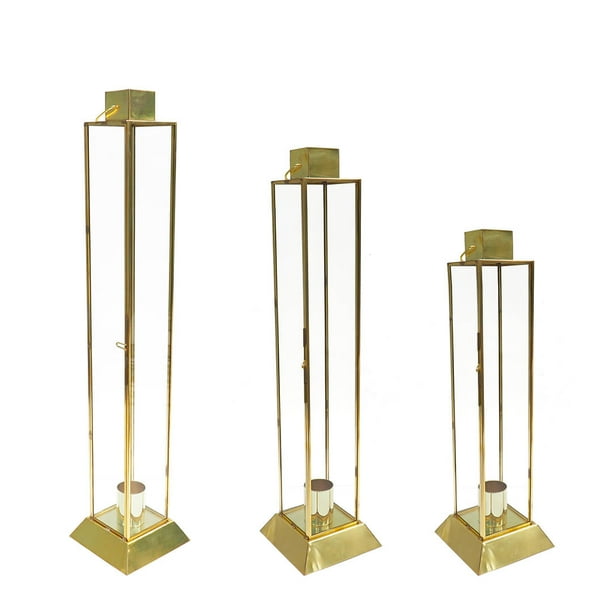 Koyal Wholesale Tall Glass Taper Candle Lantern Holders, Set of 3, Gold Large Metal Taper Candle