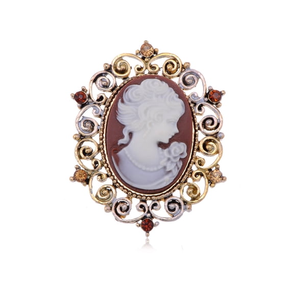 Antique Light Dark Topaz Colored Rhinestones Vintage Inspired Cameo Woman Brooch Pin