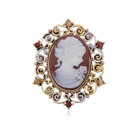 - Antique Light Dark Topaz Colored Rhinestones Vintage Inspired Cameo Woman Brooch Pin
