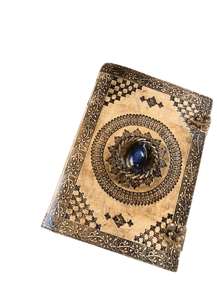 Handmade Brown Embossed Leather Journal with Blue Stone – 10" x 7", 200 White Pages– Vintage Artistic Notebook