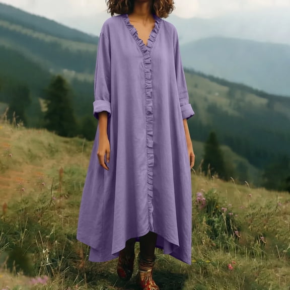Maqroz Plus Size Dresses for Curvy Women Casual Ruffle Linen Elegant Boho Maxi Dresses Long Sleeve Loose V Neck A-Line Swing Wedding Guest Dress Vestidos Elegantes De Mujer Purple XL