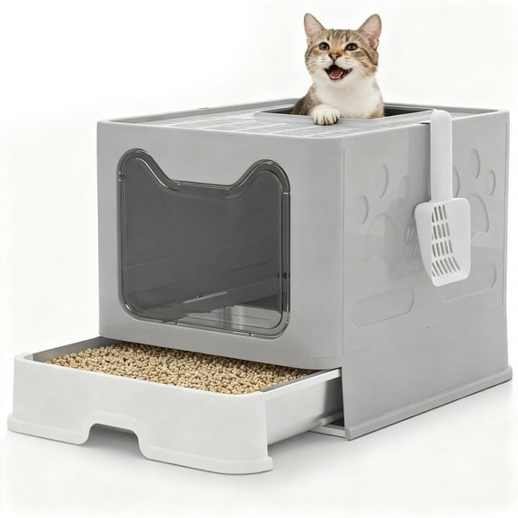 Enclosed Cat Litter Box with Lid & Stainless Steel  Drawer Design for Indoor All Lifestyles Cats with Litter Scoop