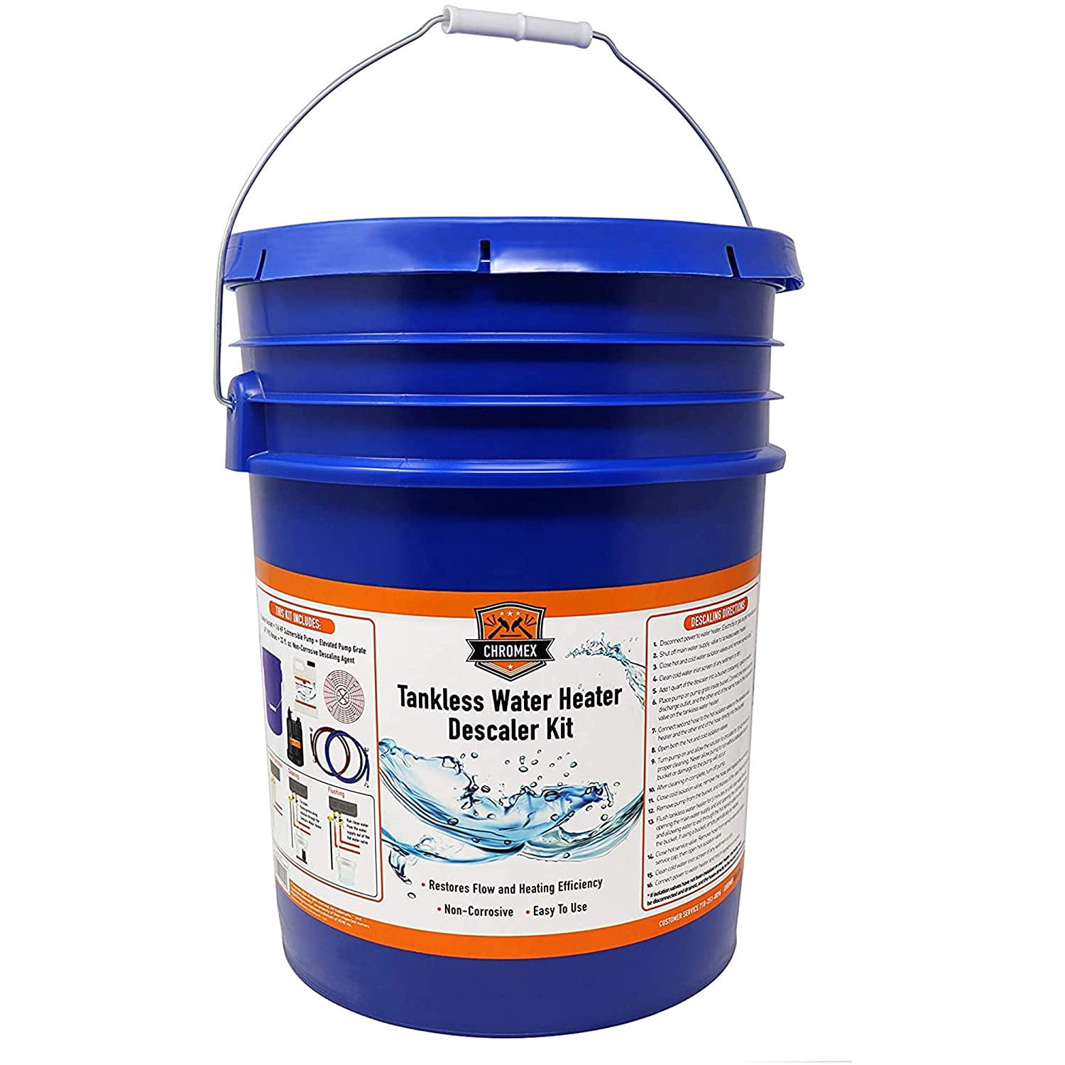Optimized Item Name  Chromex Tankless Water Heater Descaler Flush Kit with 128 fl oz Solution, 1/6 HP Pump, 5 Gallon Bucket