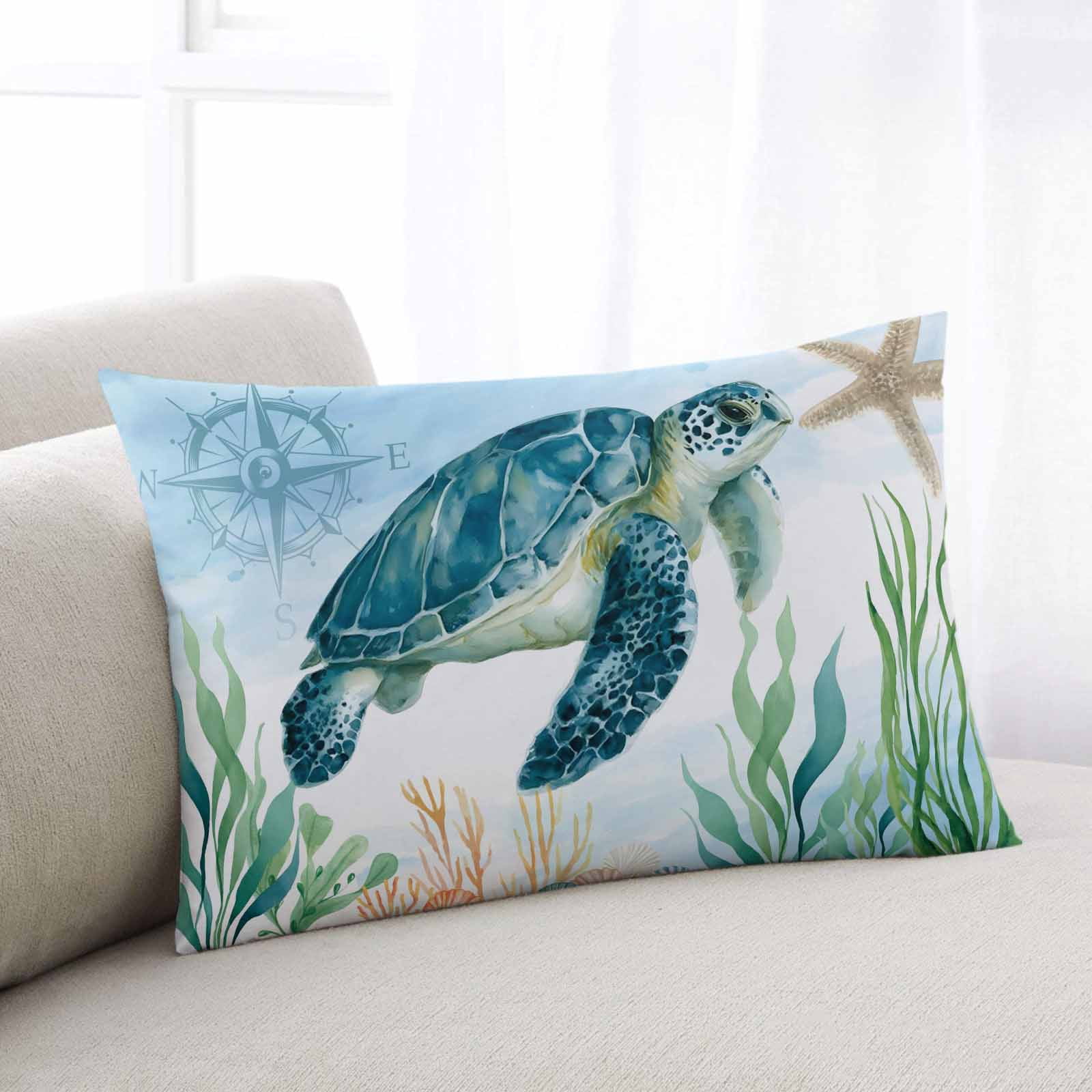 Turtle Throw Pillow Cover 24 x 36 Inch Decorative Pillow Cover Blue Ocean Coastal Nautical Compass Coral Starfish Lumbar Pillowcase Seasonal Rectangle Cushion Case for Couch Sofa Bed Living Room