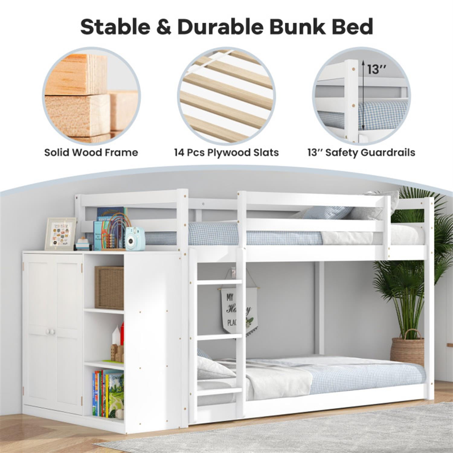 Demi Bonn Twin Over Twin Bunk Bed with Convertible Bookcase and Safety Guardrails, Twin Bunk Beds, Space-saving Solid Wood Bed Frame, White