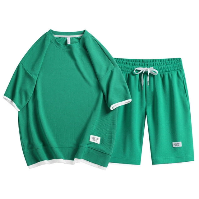 NTACZA Short Sleeve Shorts Set for Men Athletic Waffle Tracksuits Crew Neck Plus Size Men's Sweatsuits L