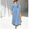 thumbnail image 6 of Women's Boho V-Neck Button Down Swing Maxi Denim Dress 3/4 Sleeve Casual Belted Long Jean Dress, 6 of 6