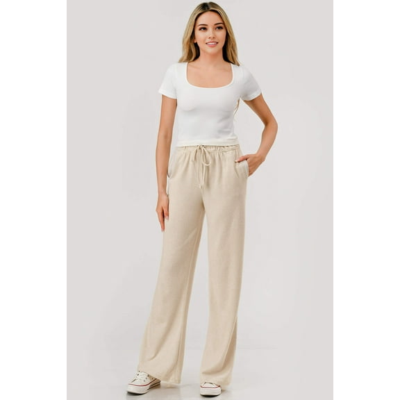 Fuzzy Knit Paperbag Waist Wide Leg Pants - Heather Oatmeal