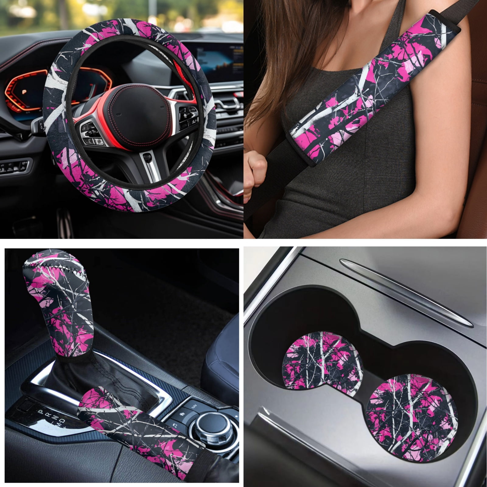 Yuyamidu Camo Hunting Car Seat Covers Full Set of 15 Pink Wood Car Floor Mats Auto Steering Wheel Cover Seatbelt Covers Cup Coasters Handbrake Cover Set Vehicle Accessory Decor