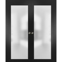Sliding Double Pocket Door Frosted Tempered Glass | Planum 2102 Matte Black | Kit Trims Rail Hardware | Solid Wood Interior Bedroom Bathroom Closet Sturdy Doors -56" x 96" (2* 28x96)