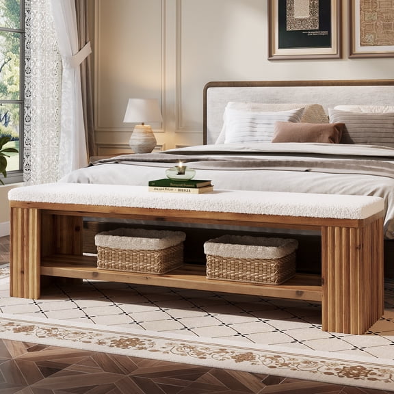 Finmind 63" Modern Upholstered Bed Bench with Cushion, Indoor Solid Wood Bench for Entry, Vintage Brown
