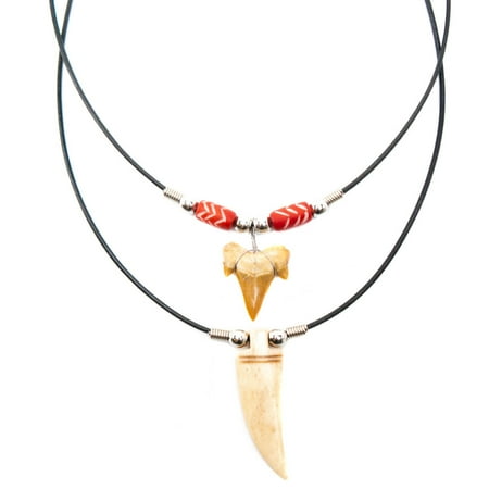 Porcelain White Necklace (FROG SAC Genuine Shark Tooth and Tiger Tooth Horn Pendant Necklace Set for Men Boys - Handmade - Teeth Pendants on Leather Cord with Ox Bone and Horn Beads -)