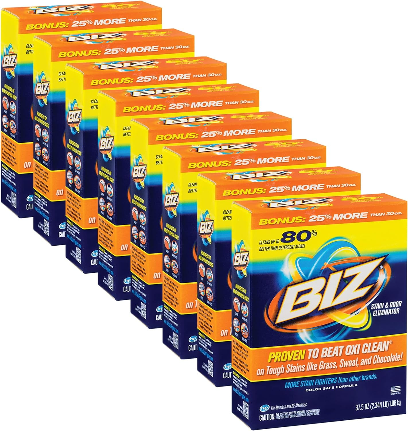 Biz Laundry Detergent Powder Booster, Stain & Odor Removal - 8-Pack, 37.5 Ounce Boxes