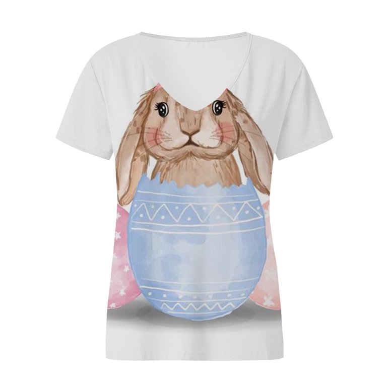 symoid Easter Shirts for Women- Casual Printed V-Neck Short Sleeve Pullover  Womens Tops Blouses Pink 