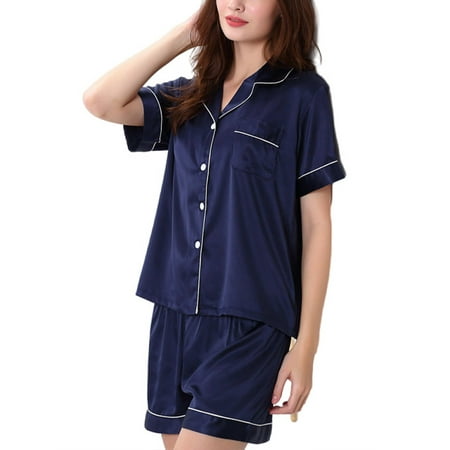 

Glonme Ladies Sleepwear Short Sleeve Nightwear Lapel Pajamas Sets Dailywear Casual Lounge Set Single Breasted Button Down 2 Piece Outfits Dark Blue 2XL