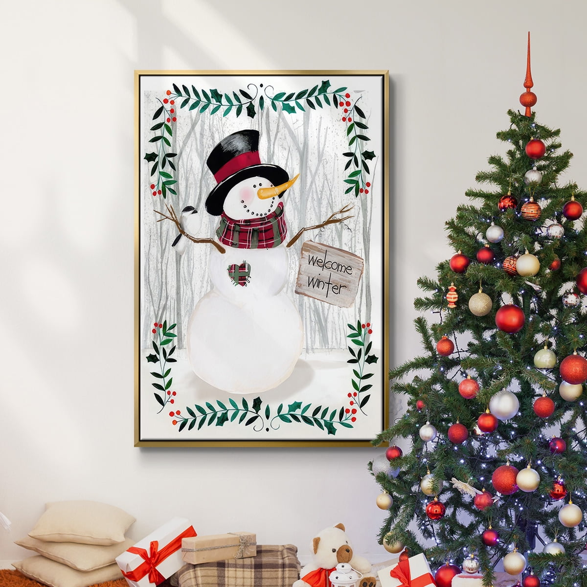 Folk Snowman Forest I - Framed Gallery Wrapped Holiday Canvas - 17 x 25 - Gold Frame