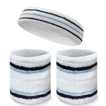COUVER Premium Tennis Style Standard Size Sweatband Headband Wristbands Set - White / Navy / Light Blue lines