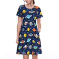 thumbnail image 1 of KLL Planètes et Étoiles pour Femmes Robe d'Été à Manches Courtes, Robe Plissée Ample Longueur Genou avec Poches, 1 of 6