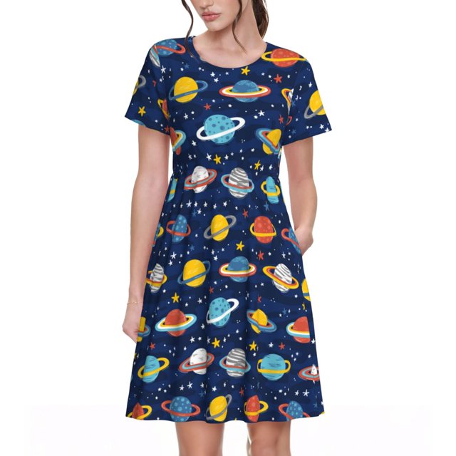 KLL Planètes et Étoiles pour Femmes Robe d'Été à Manches Courtes, Robe Plissée Ample Longueur Genou avec Poches