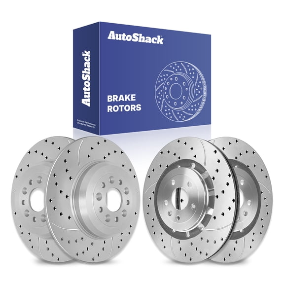 AutoShack Front Vented & Rear Solid Drilled & Slotted Silver Zinc Coated Brake Rotors 4-PC Set Replacement for 2018-2019 Ford Explorer 2017-2019 Ford Flex 2013-2019 Lincoln MKT SilverShield Pro