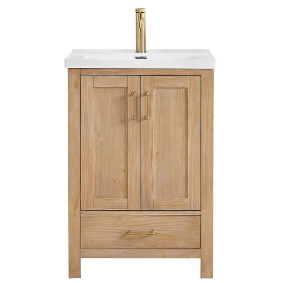 Vinnova Design Single Sink Bath Vanity in Fir Wood Brown with Drop-In White Ceramic Basin